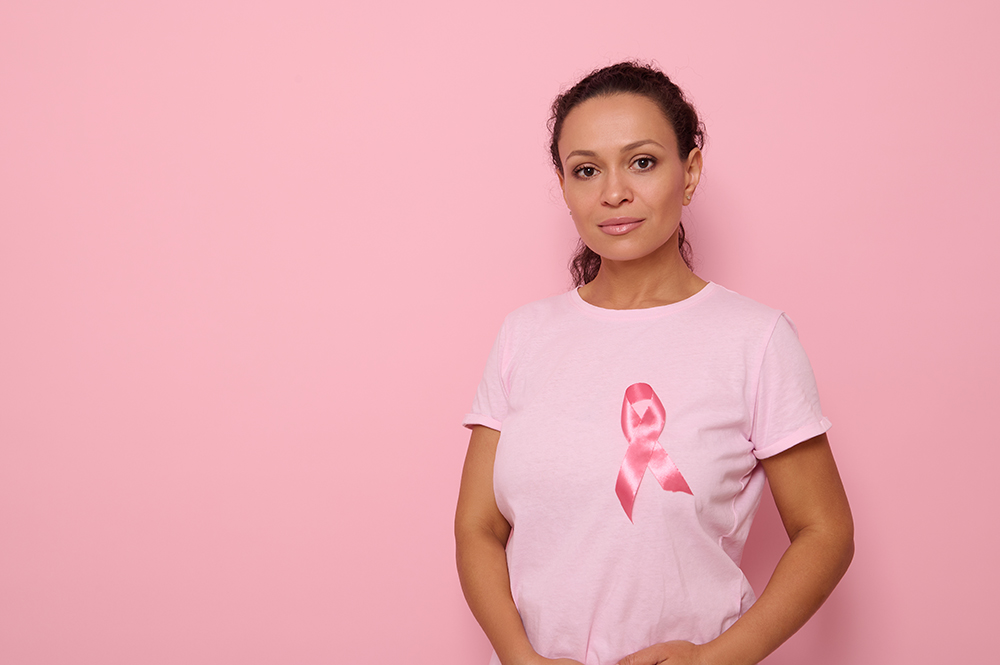 Breast Cancer Survivor Wearing Breast Cancer Logo T-shirt Discovering Cancer Breast Cancer Survivor Wearing Breast Cancer Logo T-shirt Discovering Cancer
