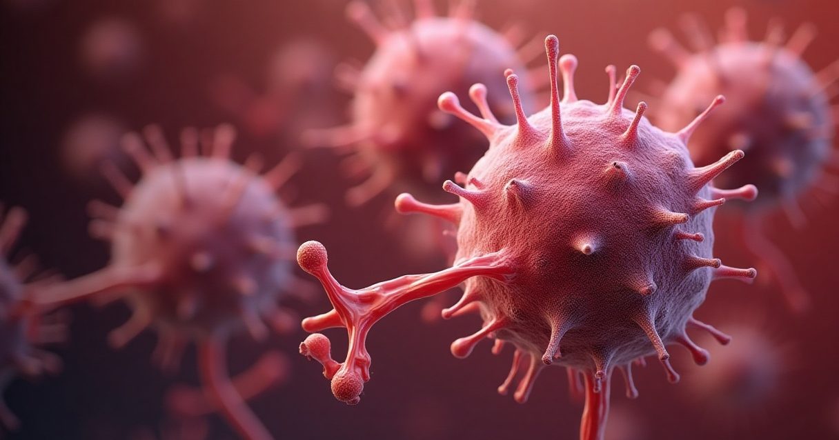 Ilustración en 3D de células cancerosas influenciadas por hormonas bajo tratamiento específico.