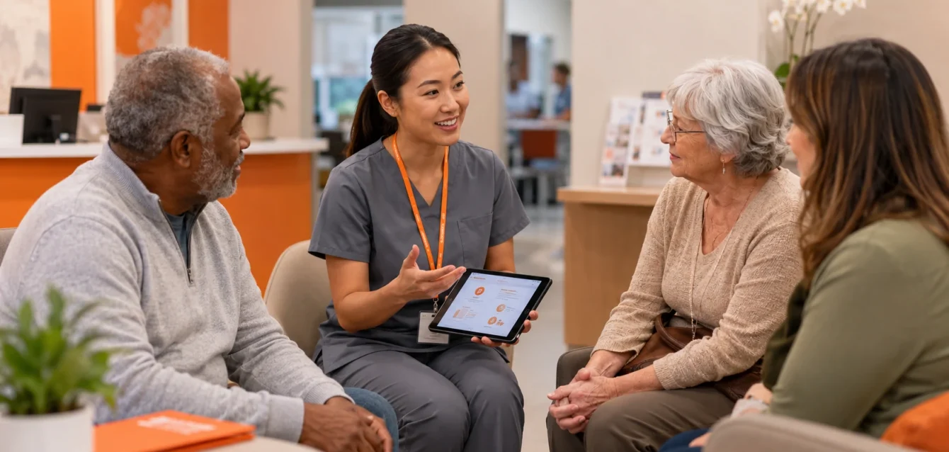 community_based_model_blog Community based model clinic coordinator reviewing enrollment options with diverse patients in a research site waiting area
