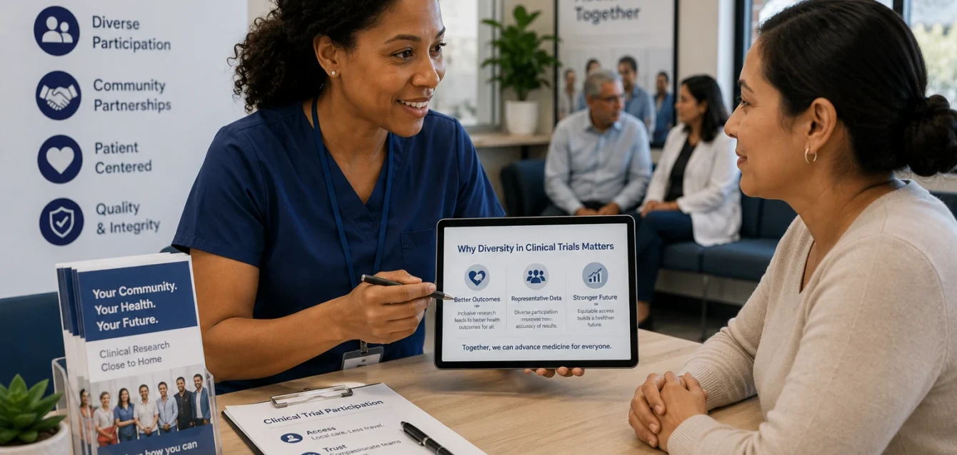 diverse-clinical-trial-patient-recruitment Clinical trial patient recruitment supporting a diverse cancer patient with her caregiver
